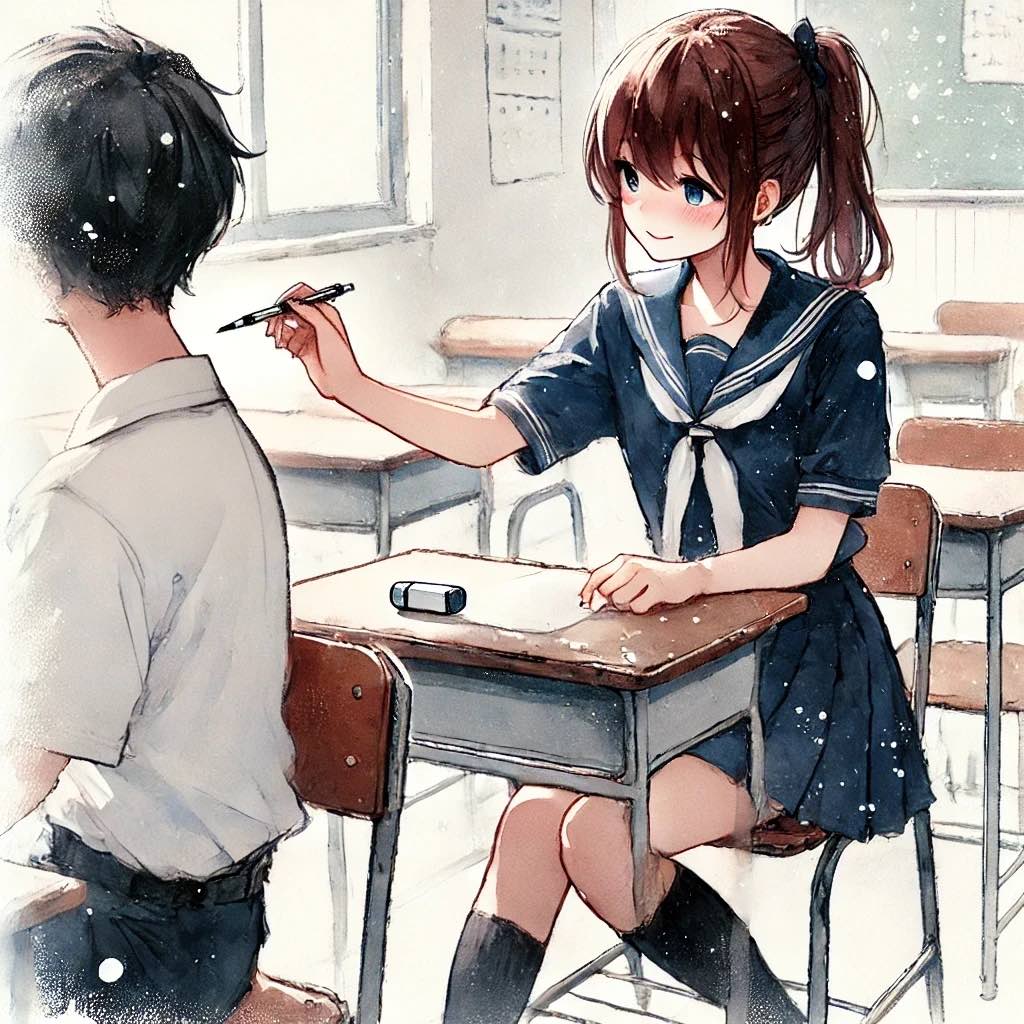 文房具の貸し借りをする女子中学生