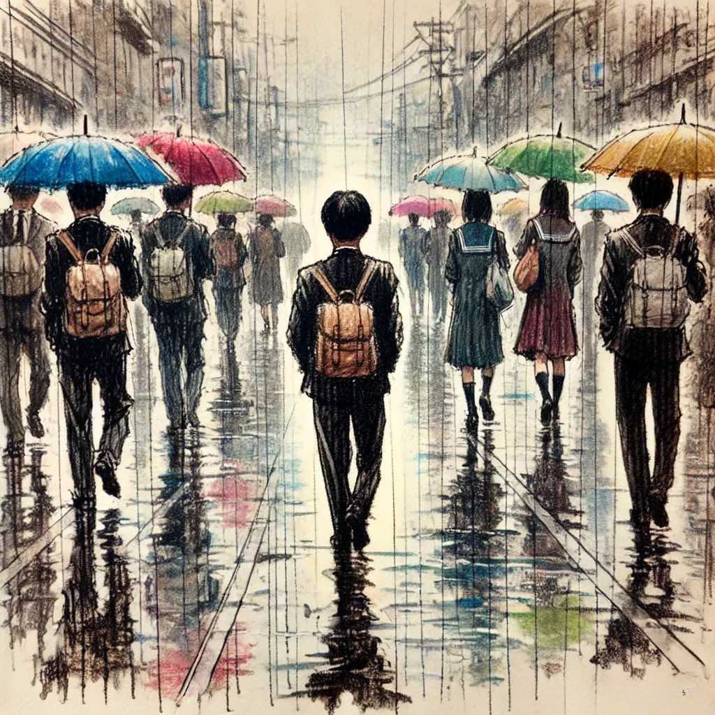 雨の中のちゅうがくせい男子