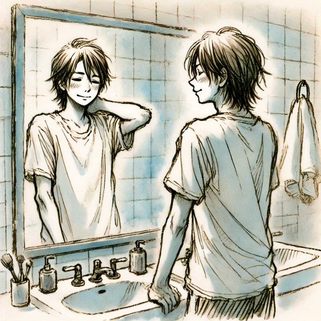 鏡の前でにんまりの中学生男子