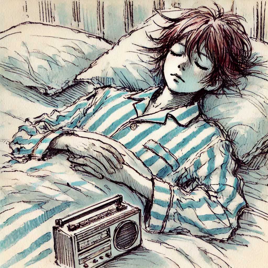 ベッドで寝ている中学生男子　ラジ尾を聞いている