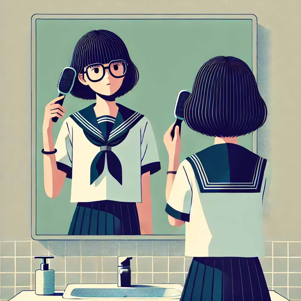 髪を整えている中学生女子