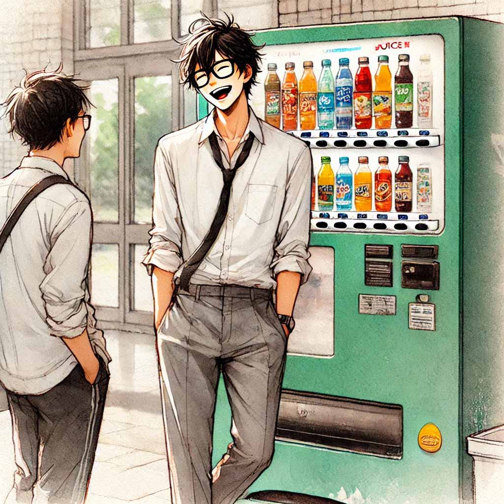 一緒にジュースを飲む中学生男子
