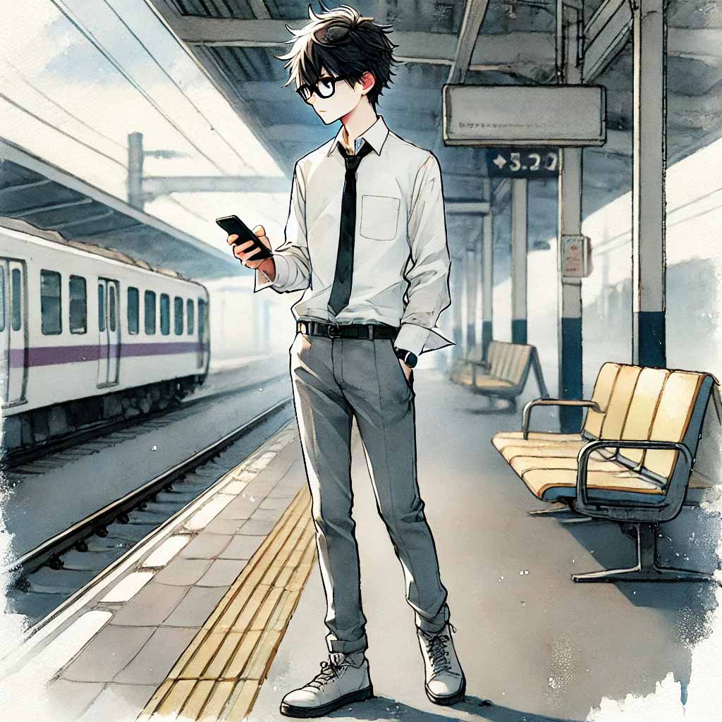 プラットホームでスマホを見ている中学生男子