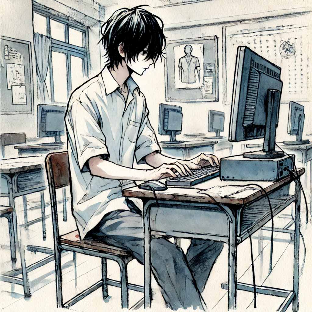 PCで制作している中学生男子
