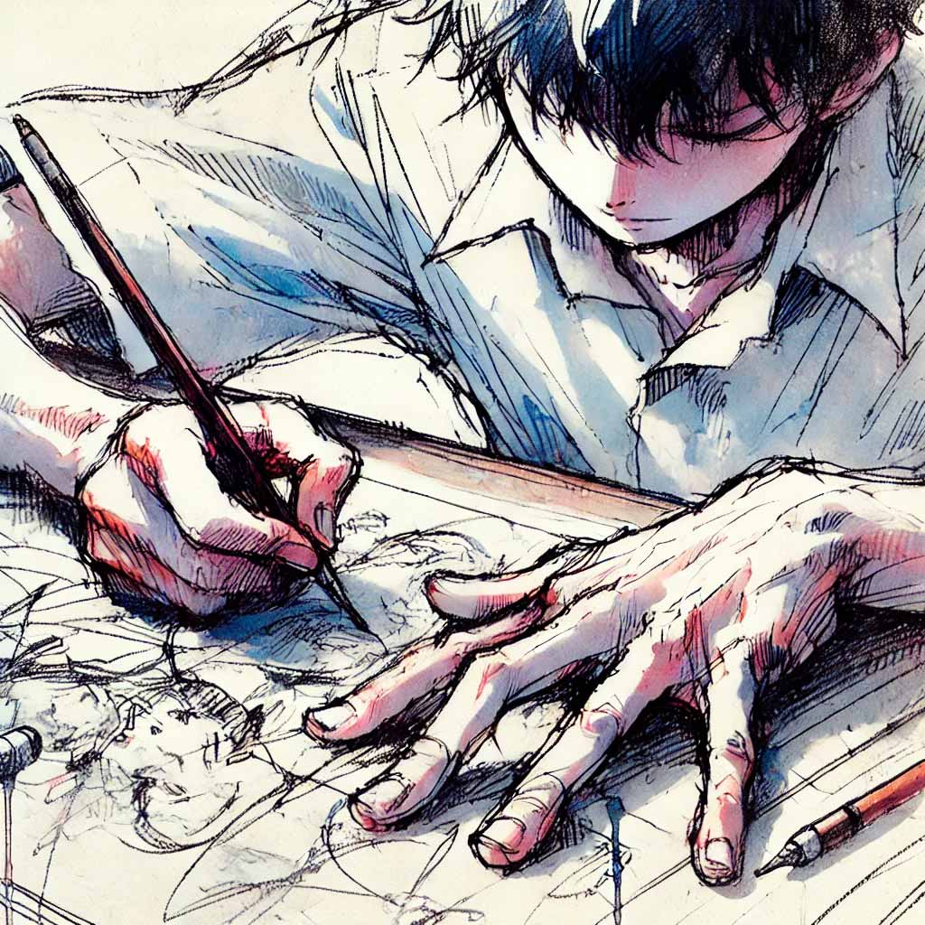 イラストを書いている中学生男子