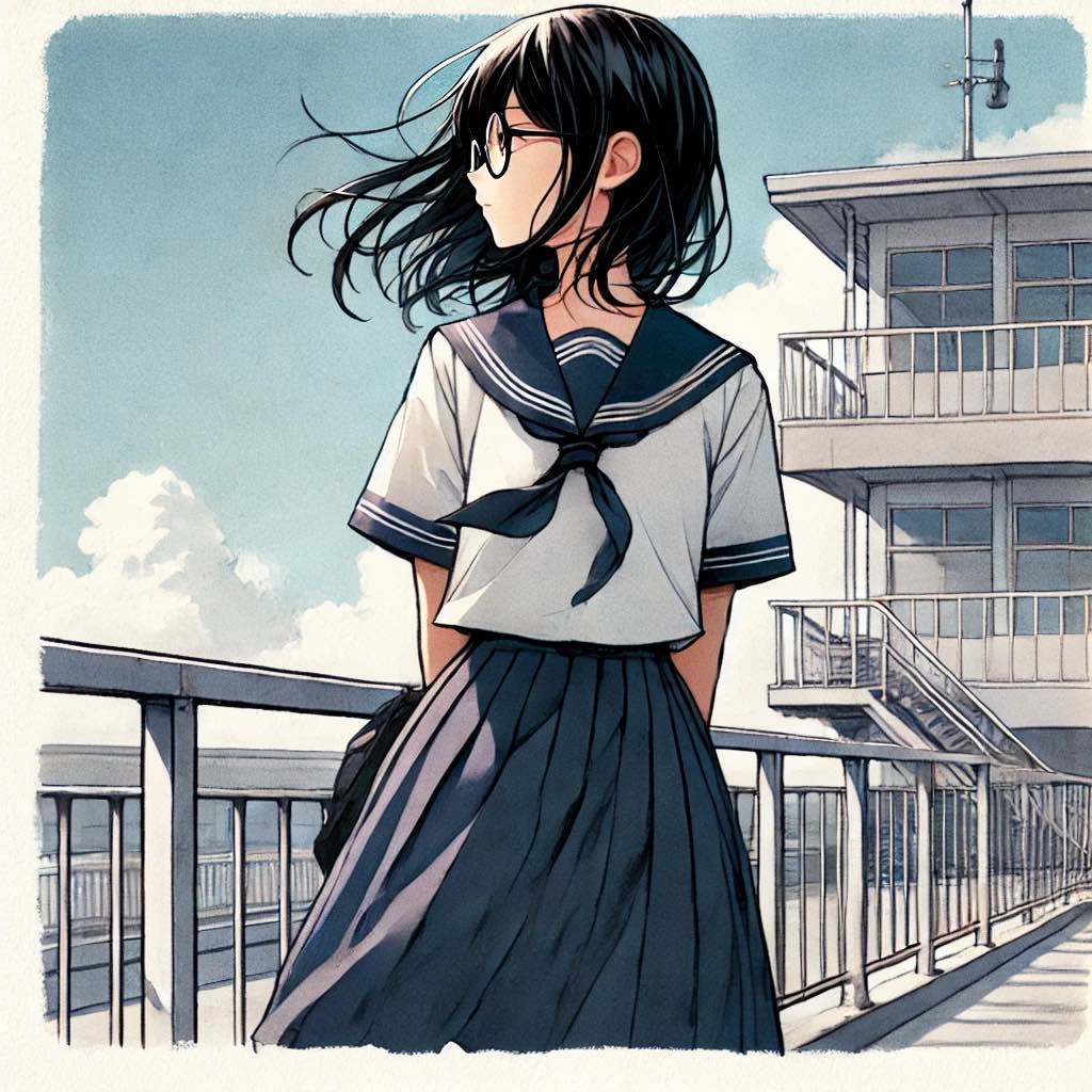 風に吹かれて黄昏る中学生女子 
