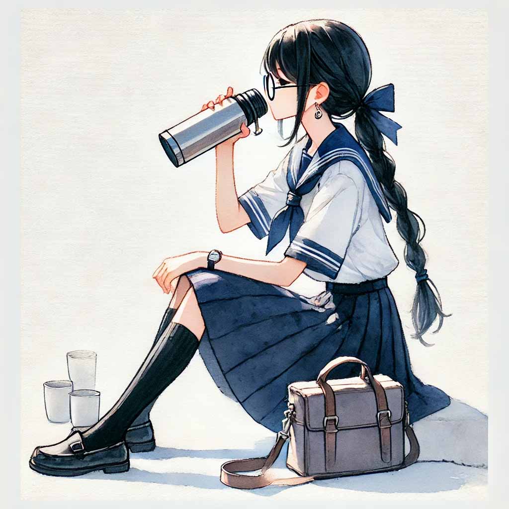 休憩で水を飲む女子中学生