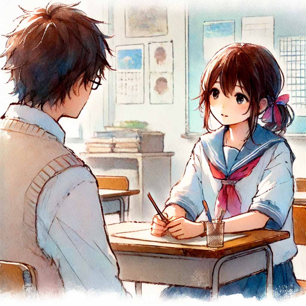 先生と話をする中学生女子