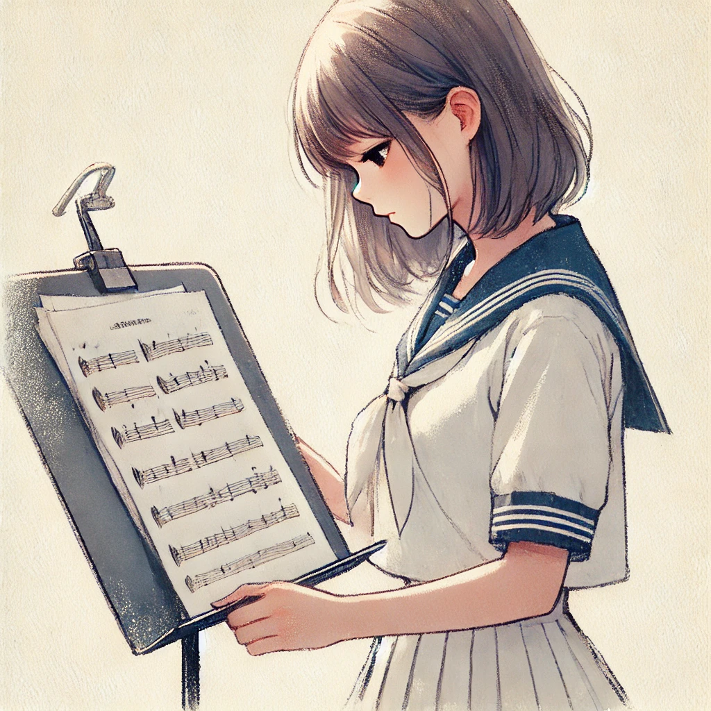 譜面を確かめる女性と