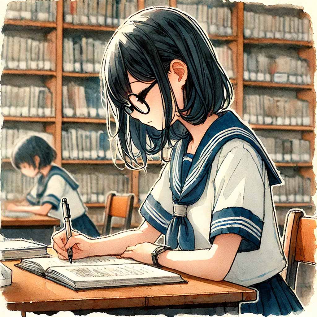 紹介文を考えている中学生女子