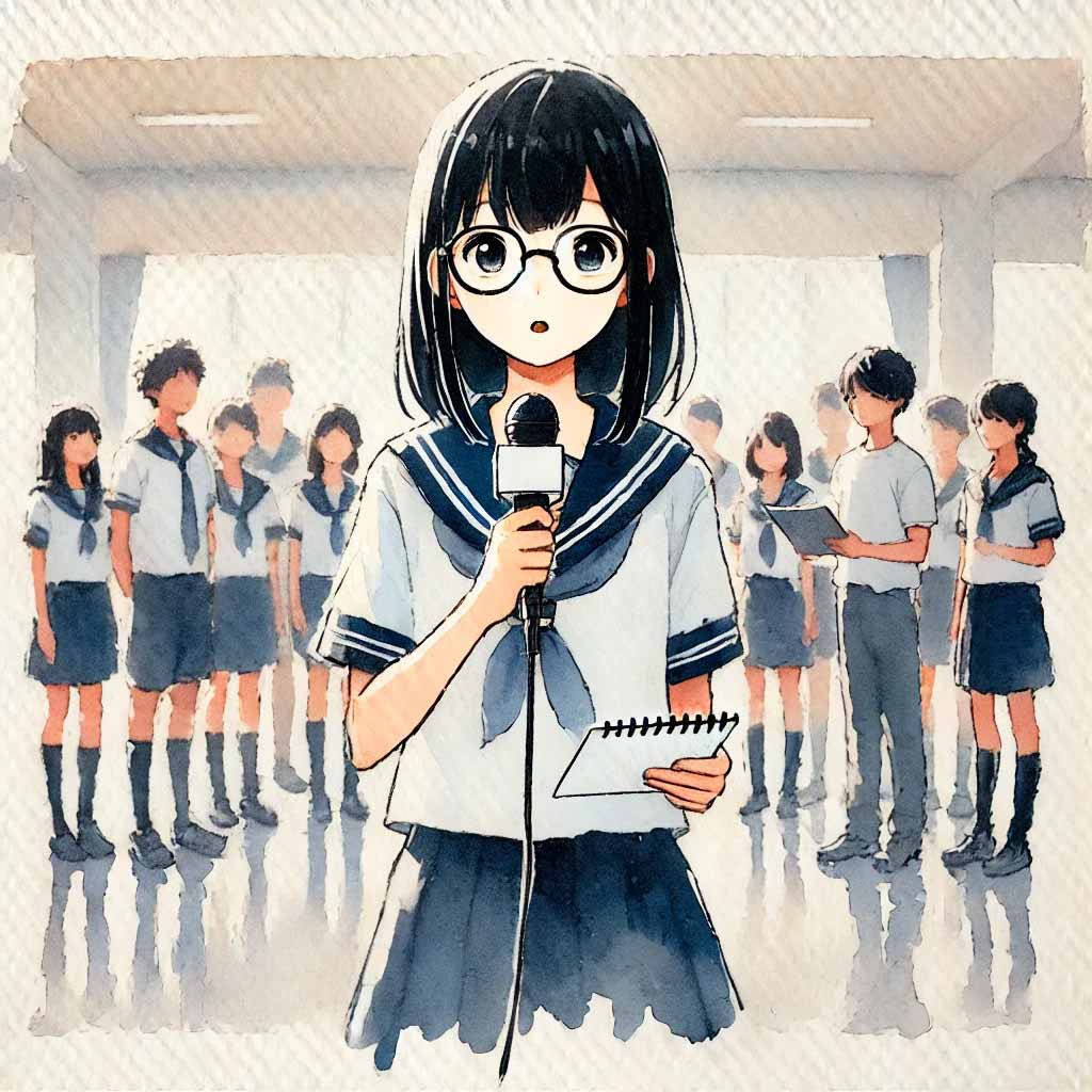 取材している中学生女子