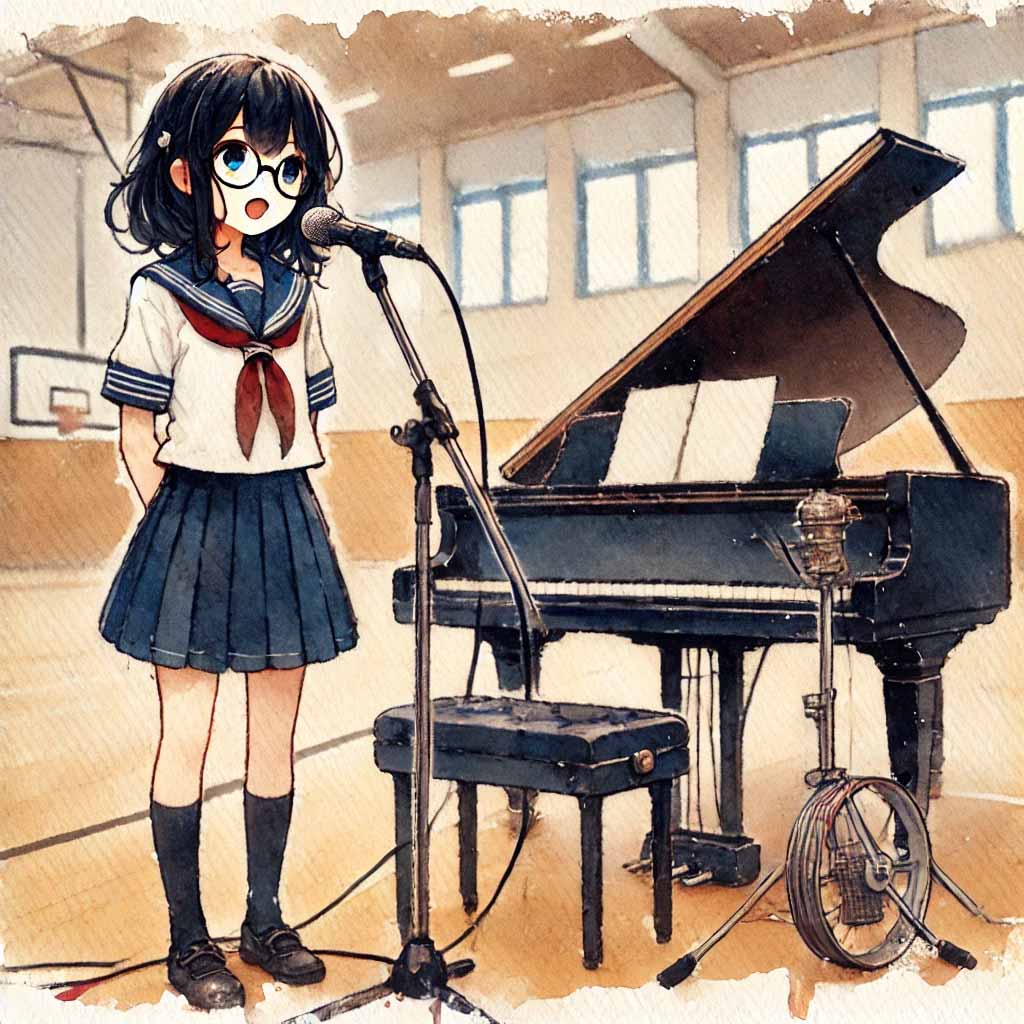 ピアノの前で紹介文を話す中学生女子