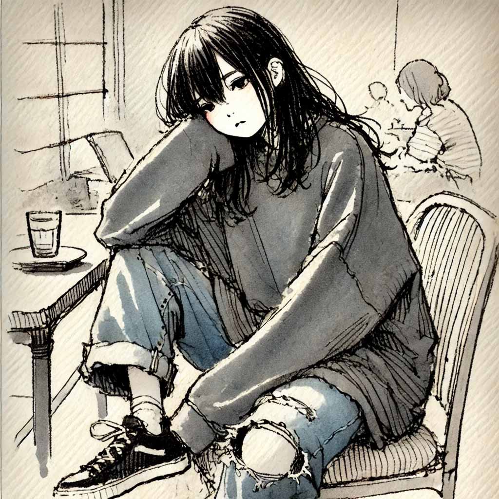 カフェで頬杖をつく中学生女子
