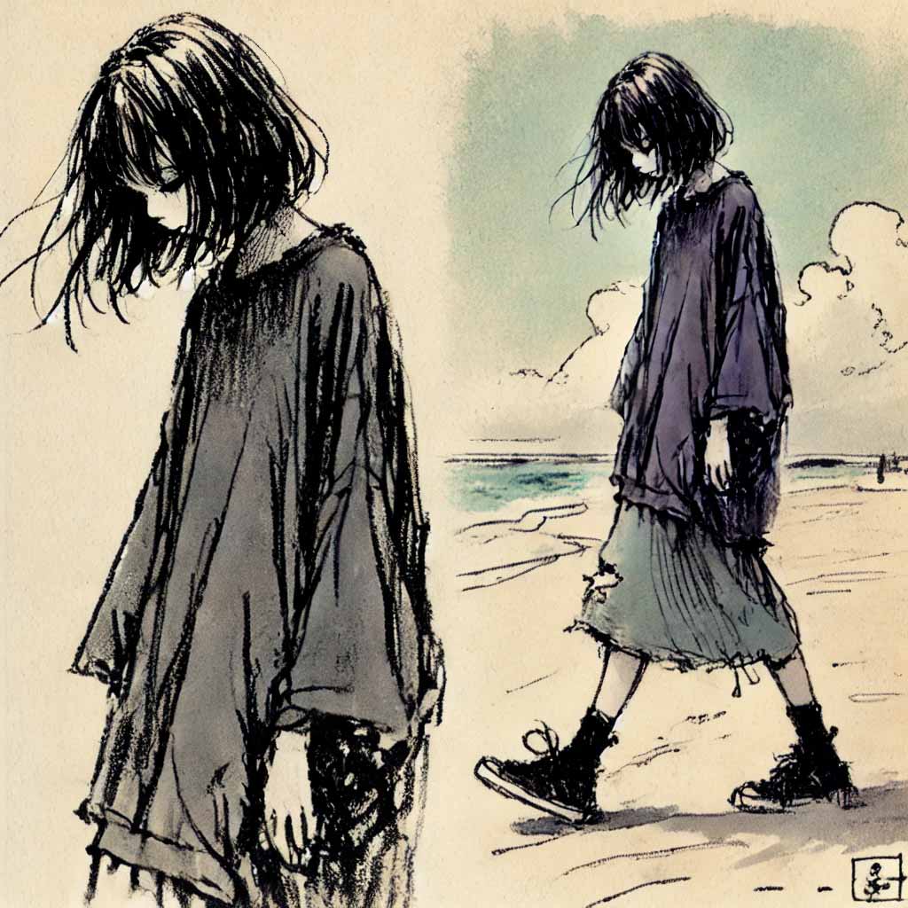 浜辺を一人で歩く中学生女子