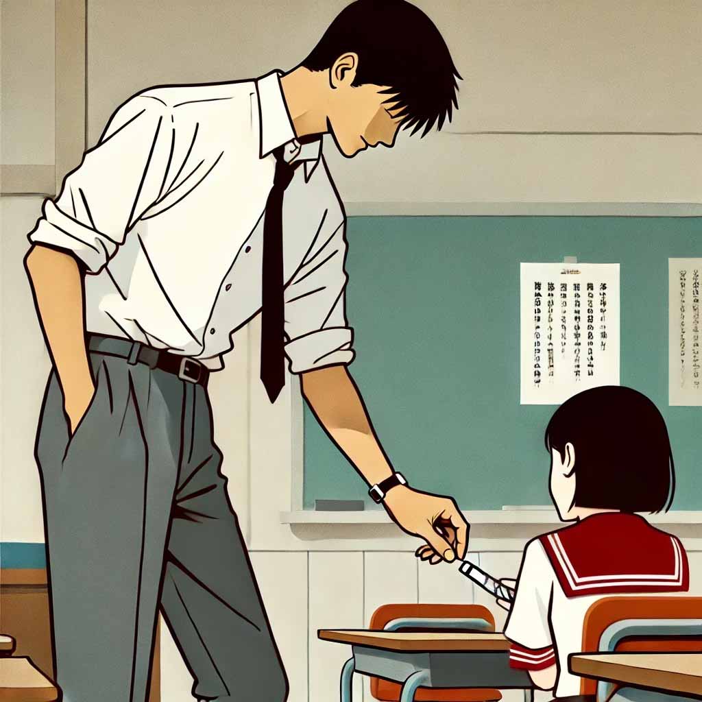 消しゴムを拾ってあげ地える中学生男子