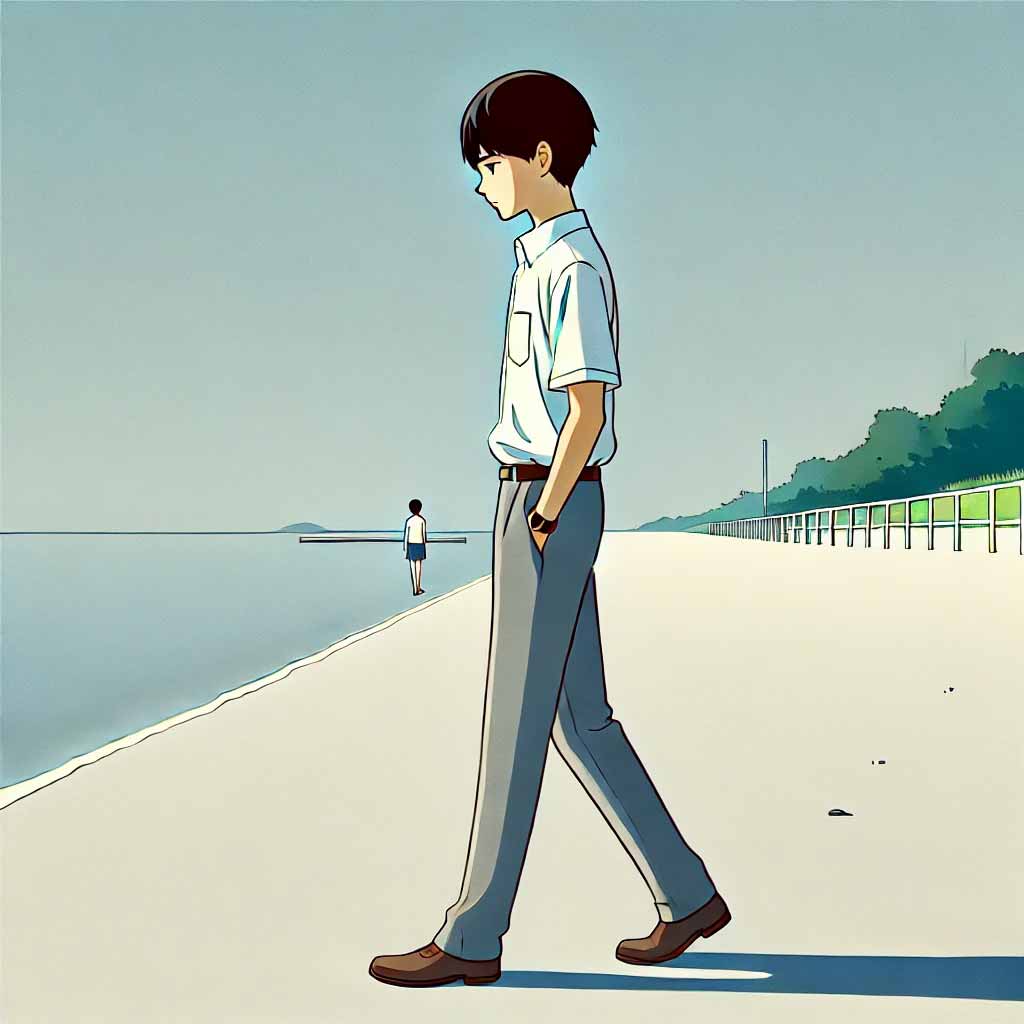 一休みに海に来た中学生男子