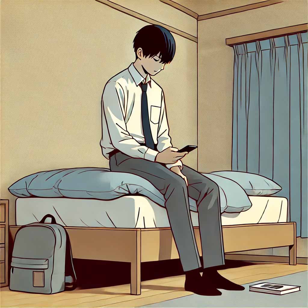 スマホをいじっている中学生男子