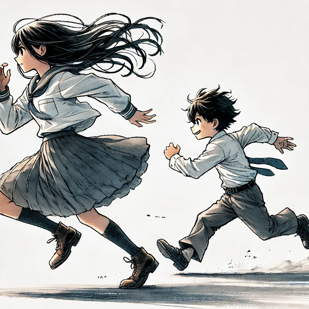 女の子を追いかけている中学生男子