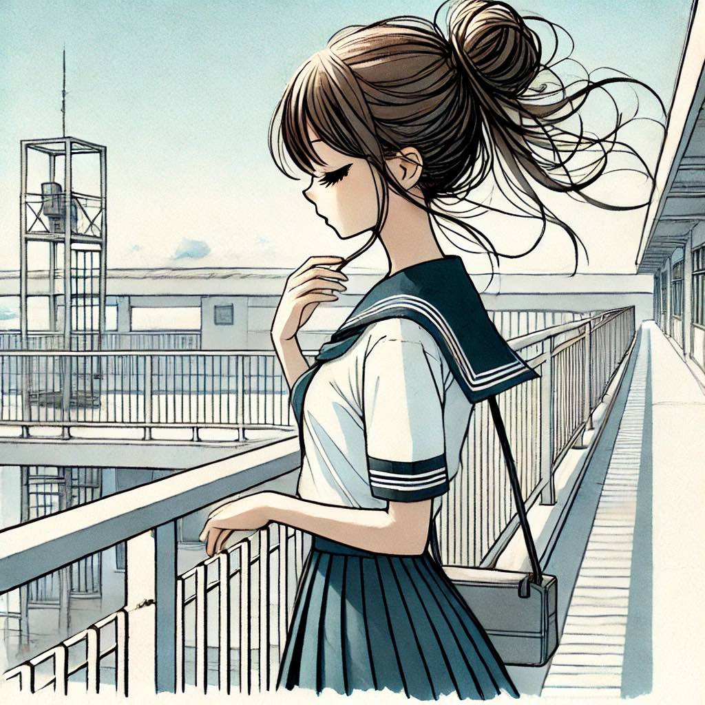 校舎の屋上で風に吹かれる中学生女子