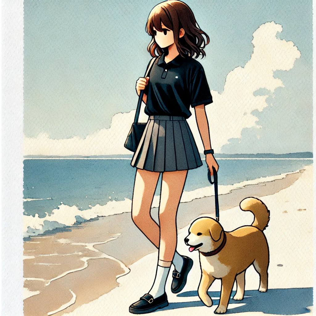 犬と浜辺を散歩する中学生女子