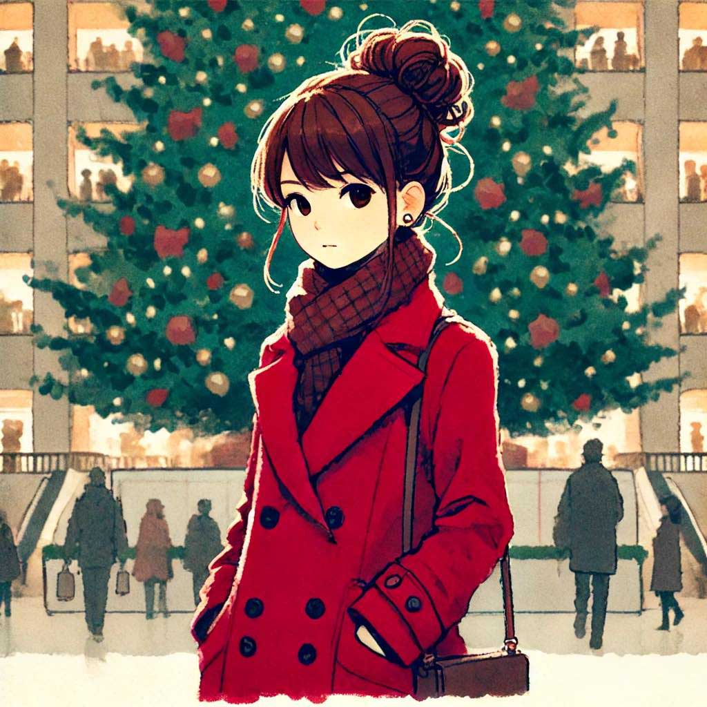 クリスマスツリーの前の中学生女子