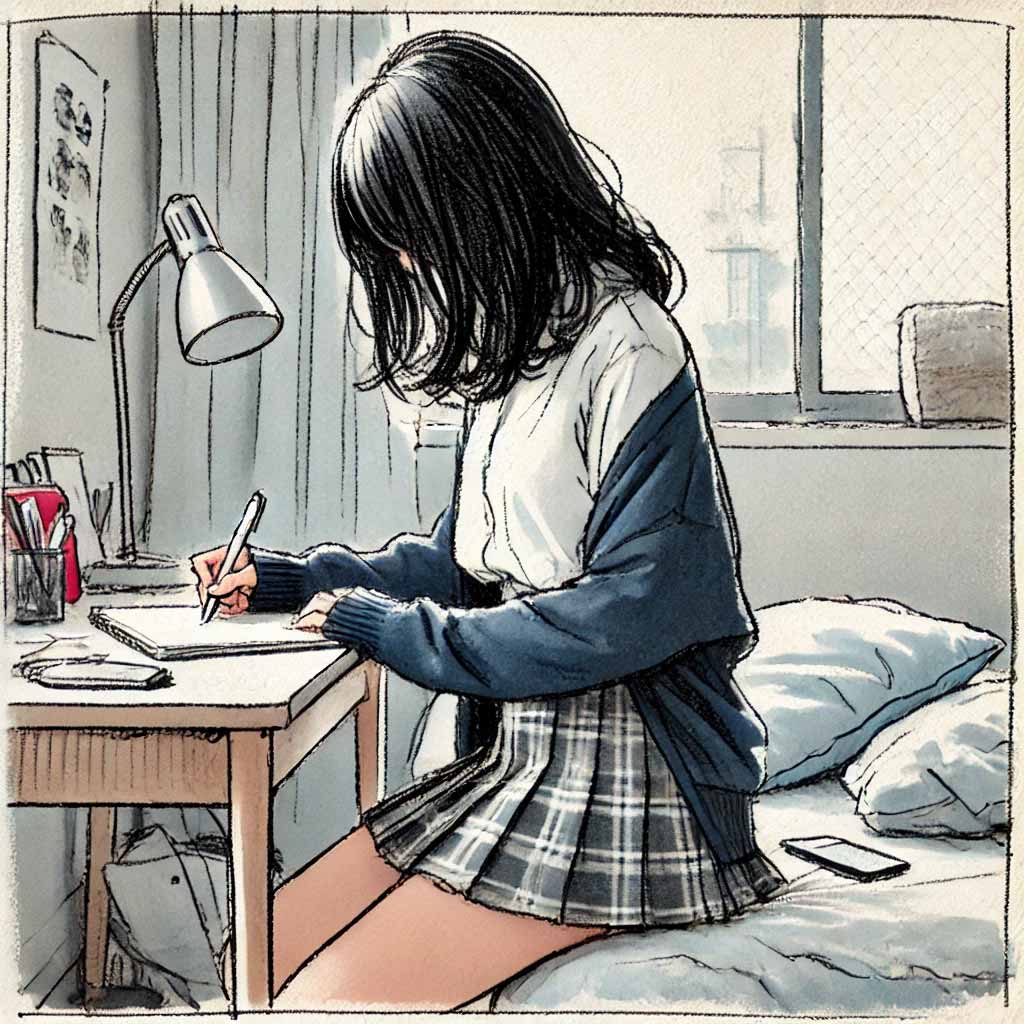 言うべきことをノートに書き留める中学生女子