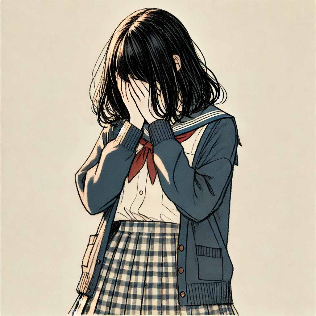 喋れなくて両手で顔を覆ってしまう中学生女子