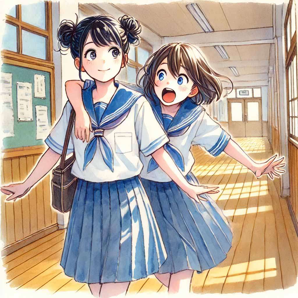誘って廊下に出る二人