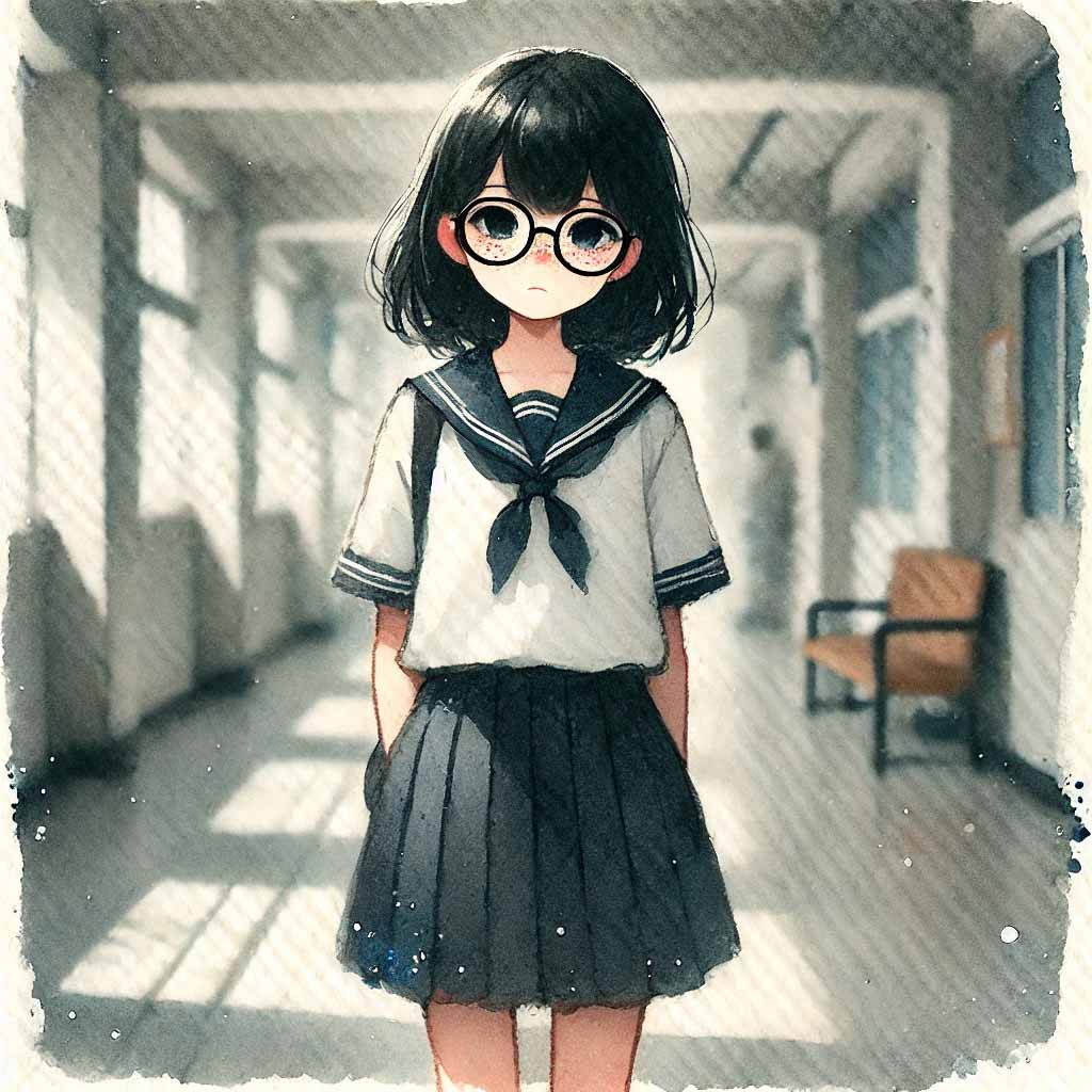 廊下に一人でいる中学生女子