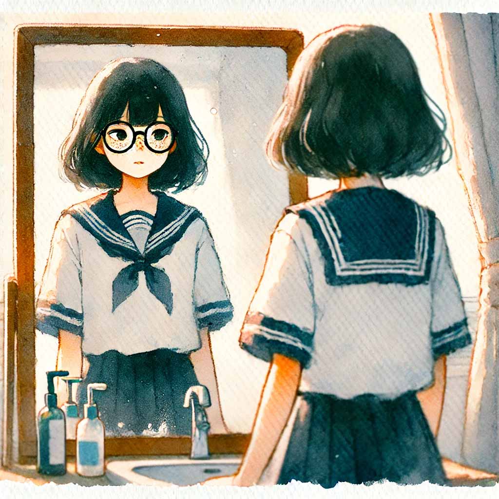 身だしなみを整える中学生女子