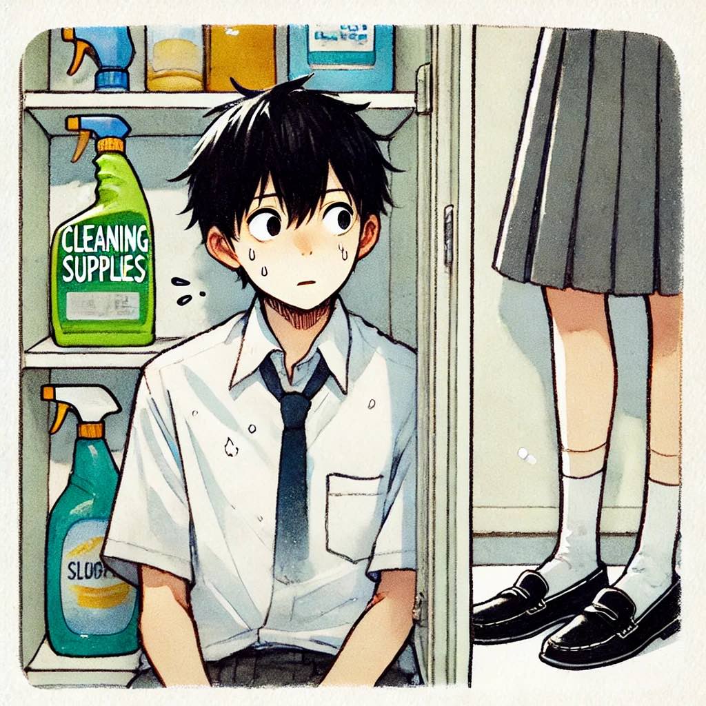 掃除用部箱の影に隠れる男子