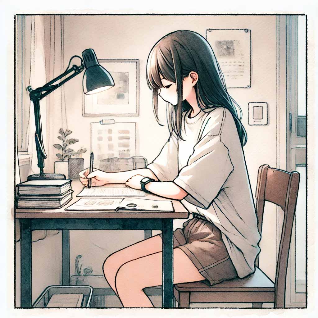 地道に勉強する女子