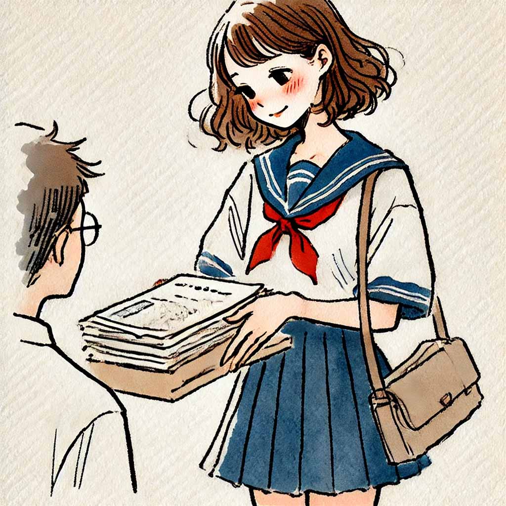 たくさんの資料を渡す中学生女子