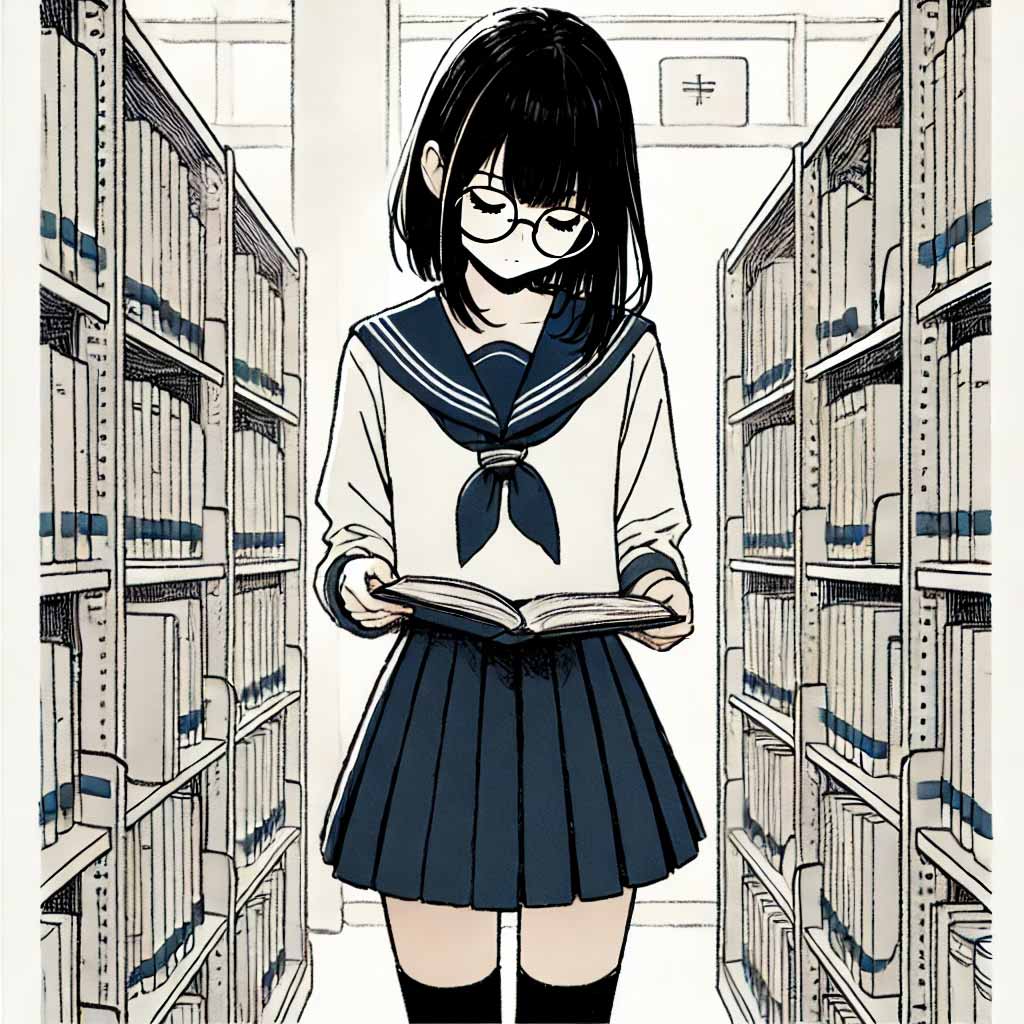 昔の本を調べている中学生女子