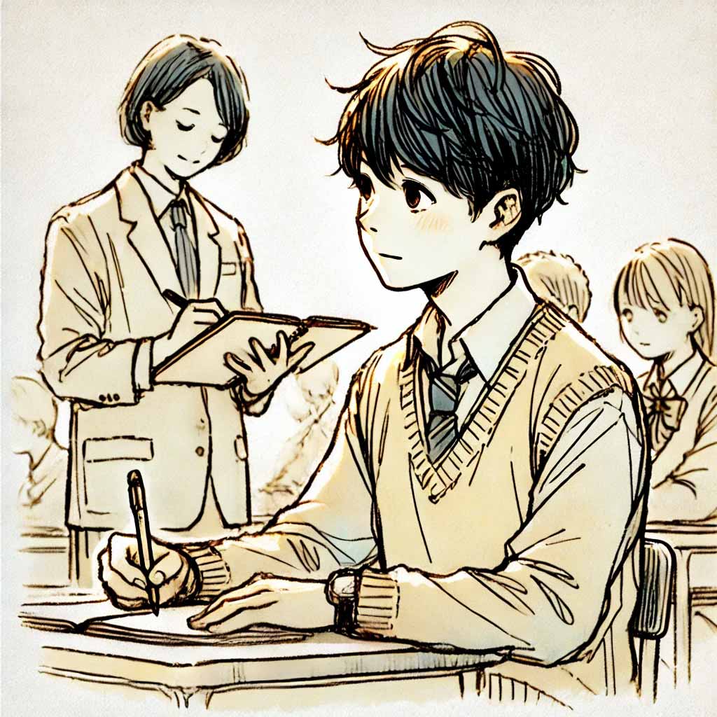 先生と話をする中学生男子