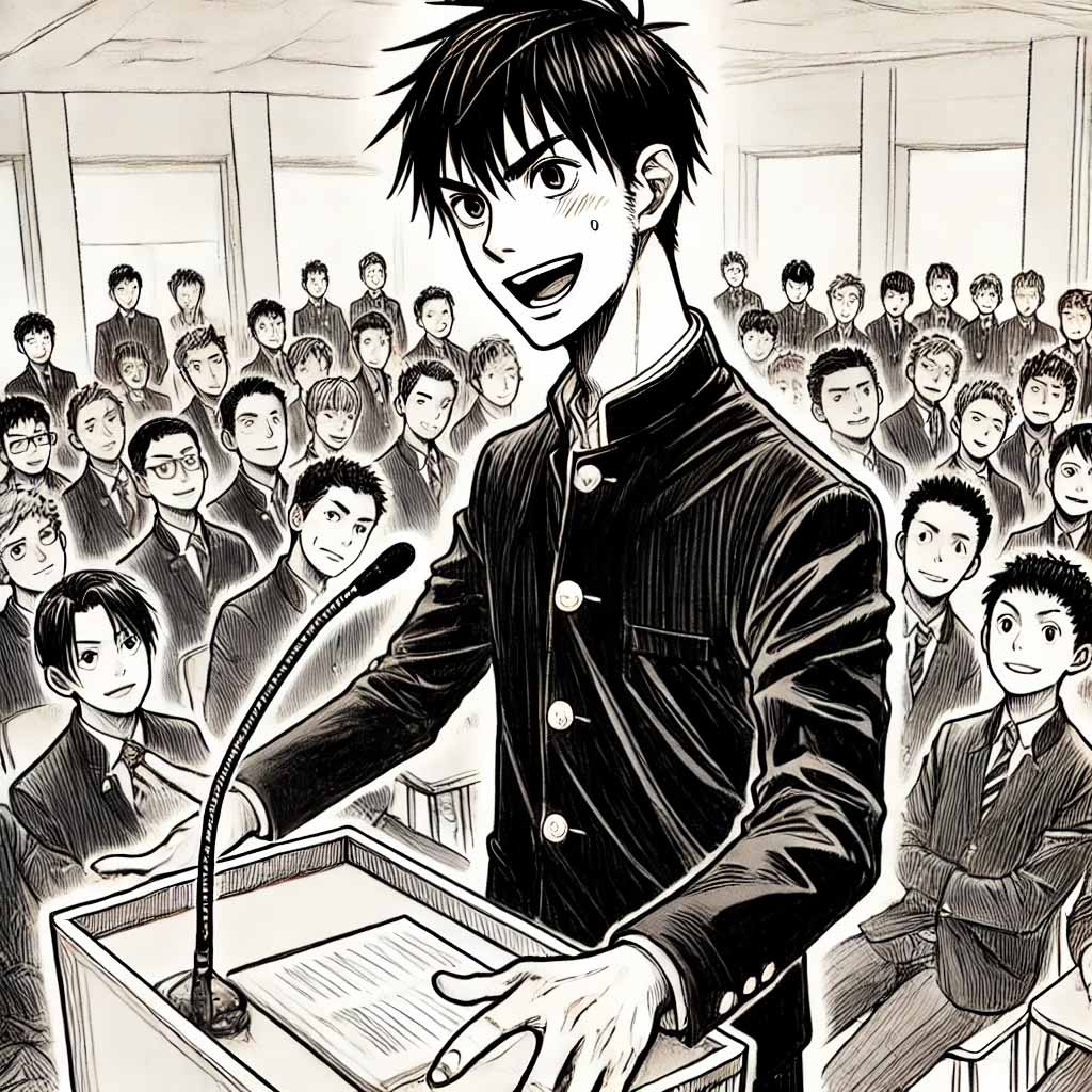 演説する中学英男子