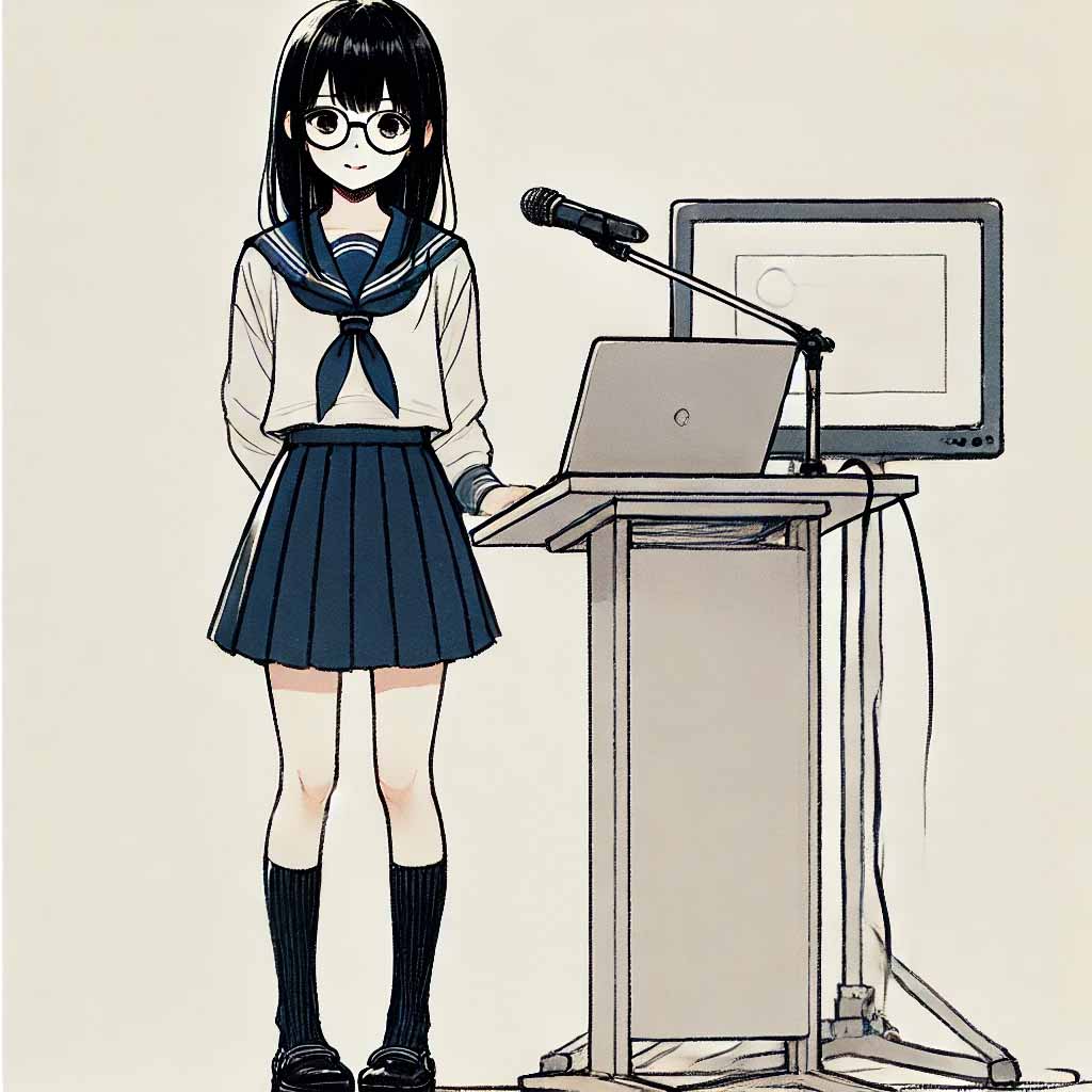 図版を使って演説している中学生女子