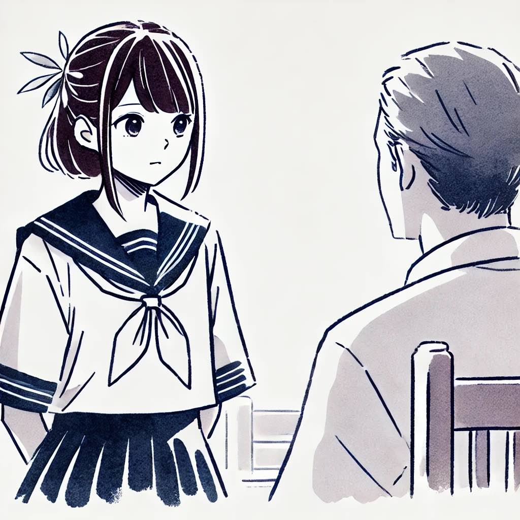 先生と相談する中学生女子