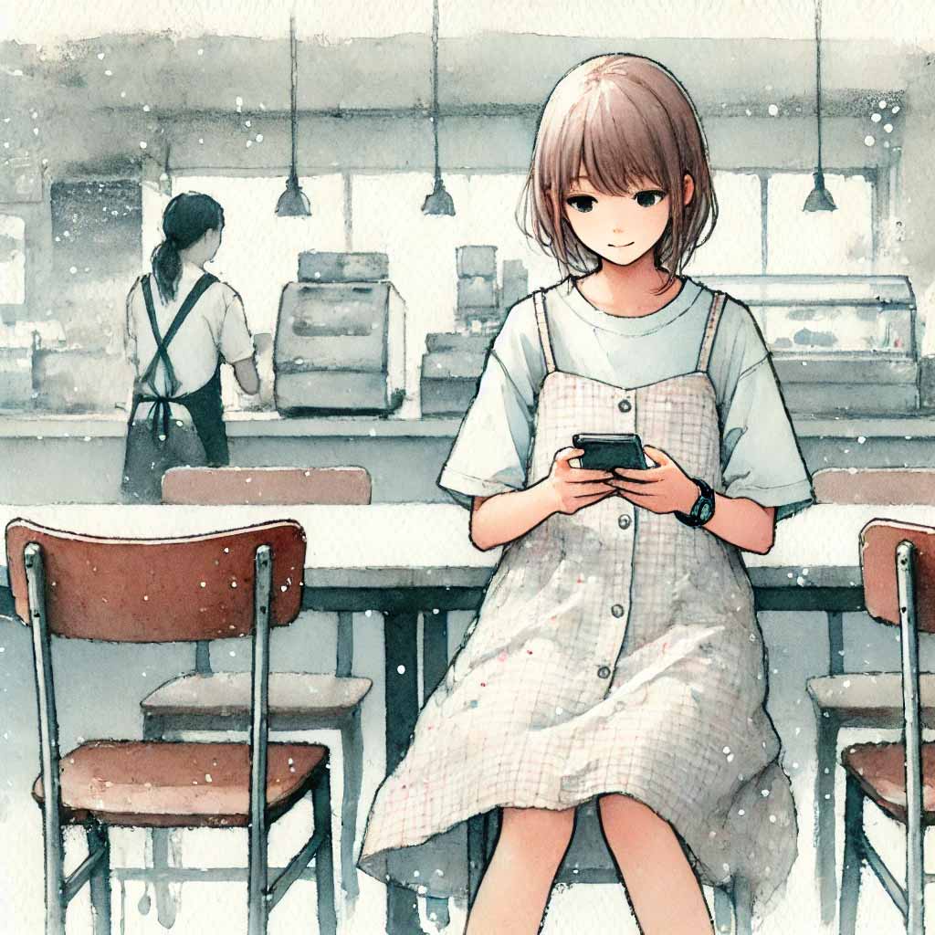 カフェでメールを打つ中学生女子