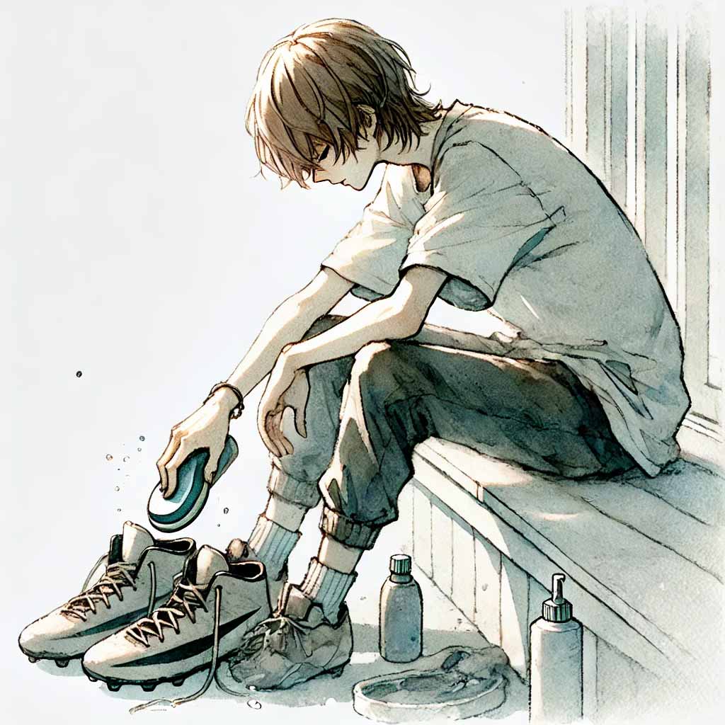 シューズを磨く中学生男子