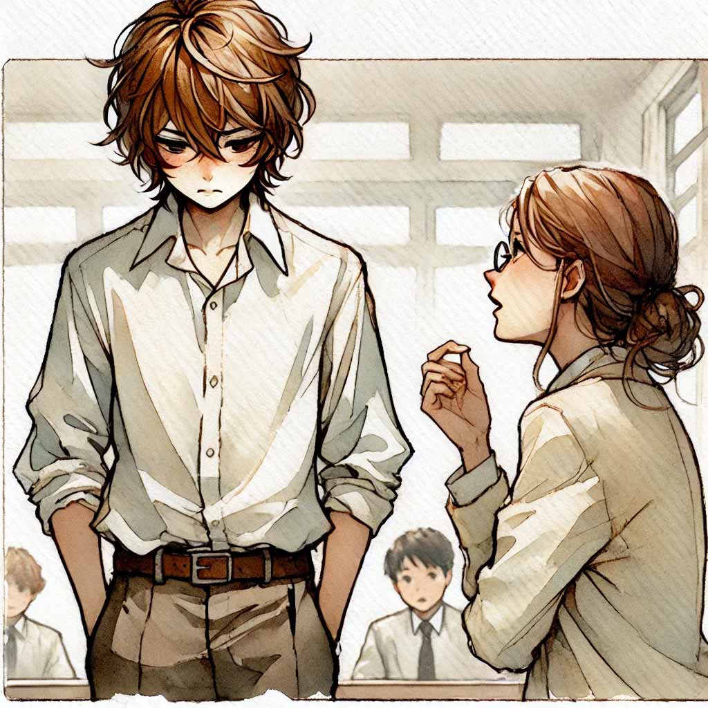 先生に叱責される中学生男子