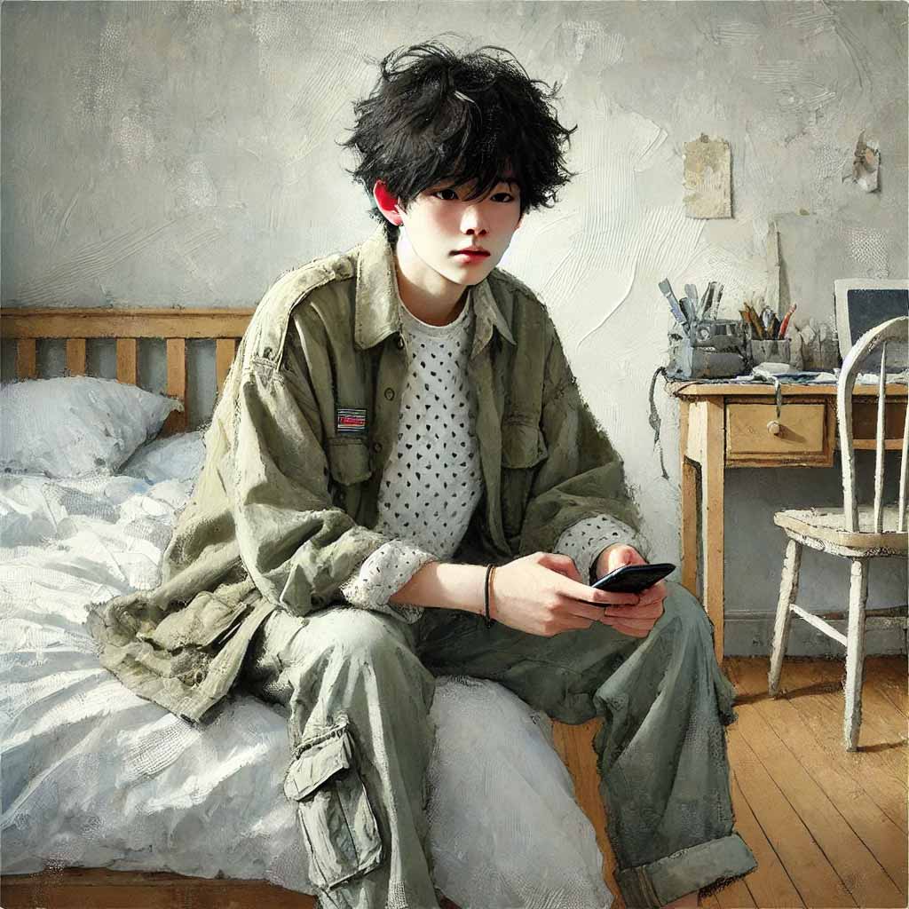 自分の部屋で￥SNSしている中学生男子