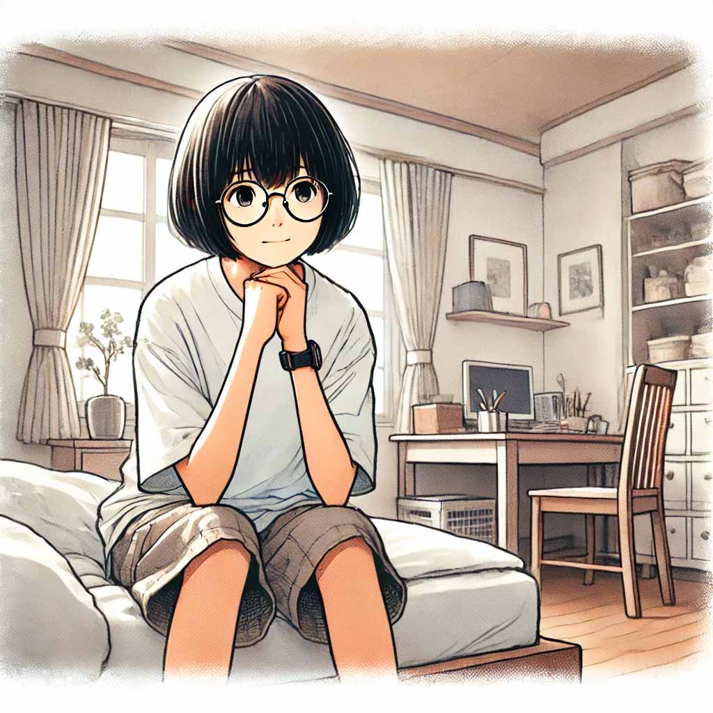 自分の部屋で考えている中学生女子