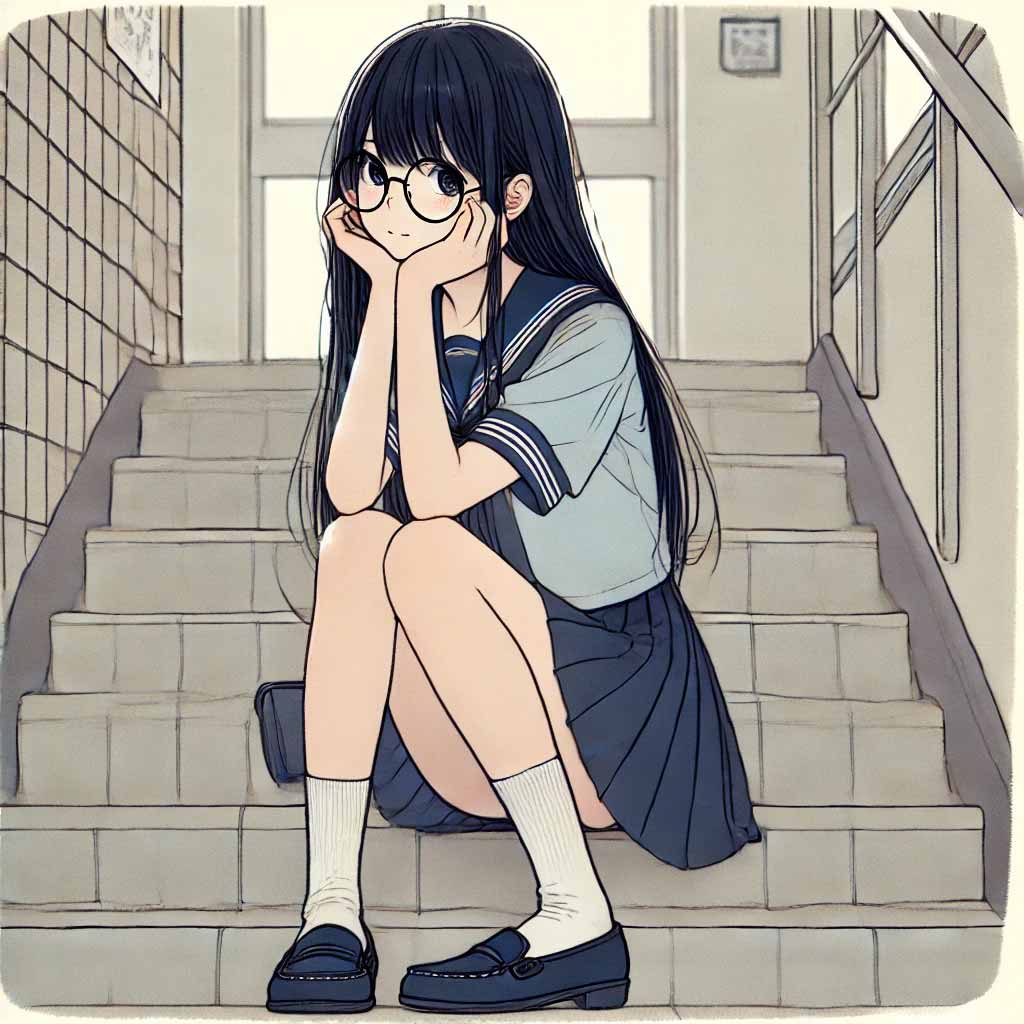 階段で塞ぎ込む　中学生女子