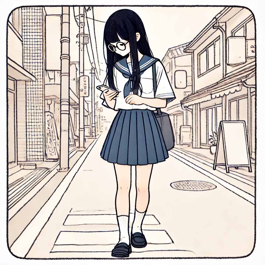帰り道スマホを見ている中学生女子