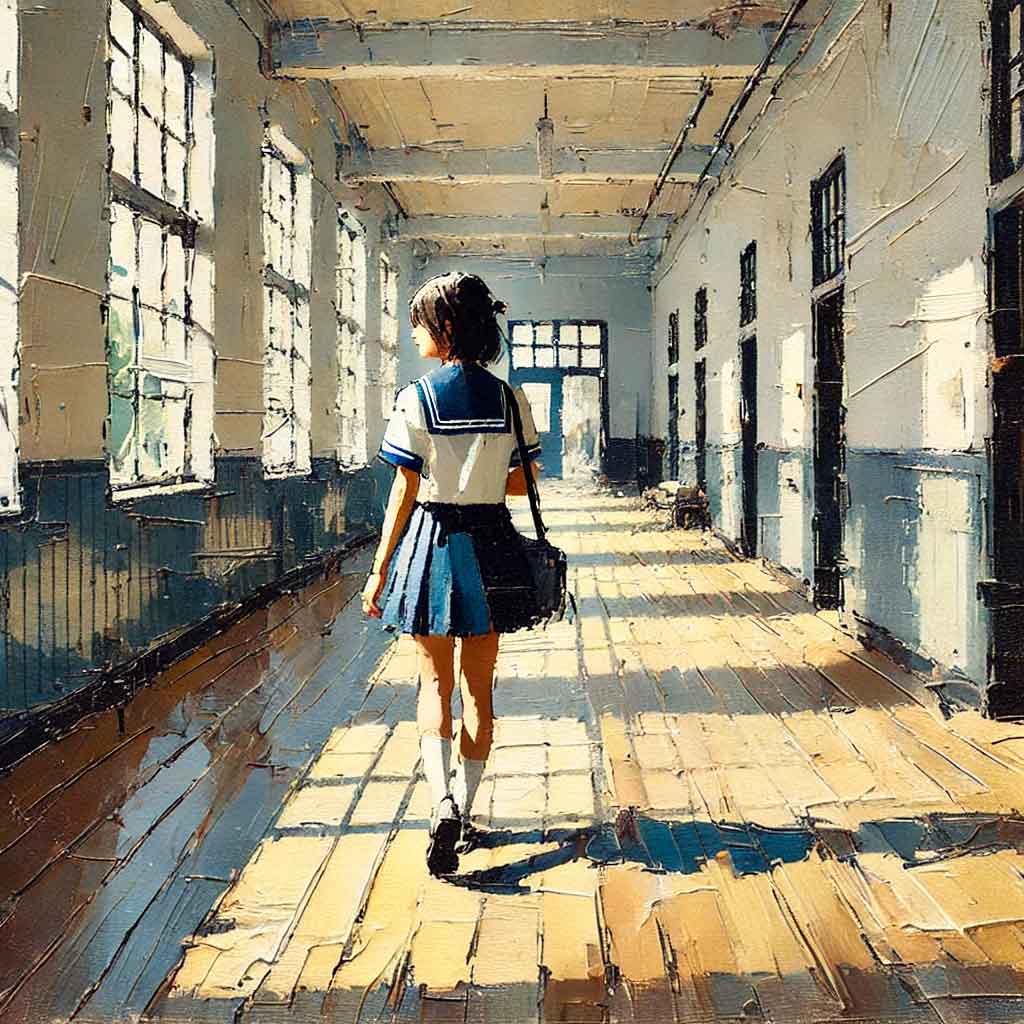 中学生女子　廊下に一人