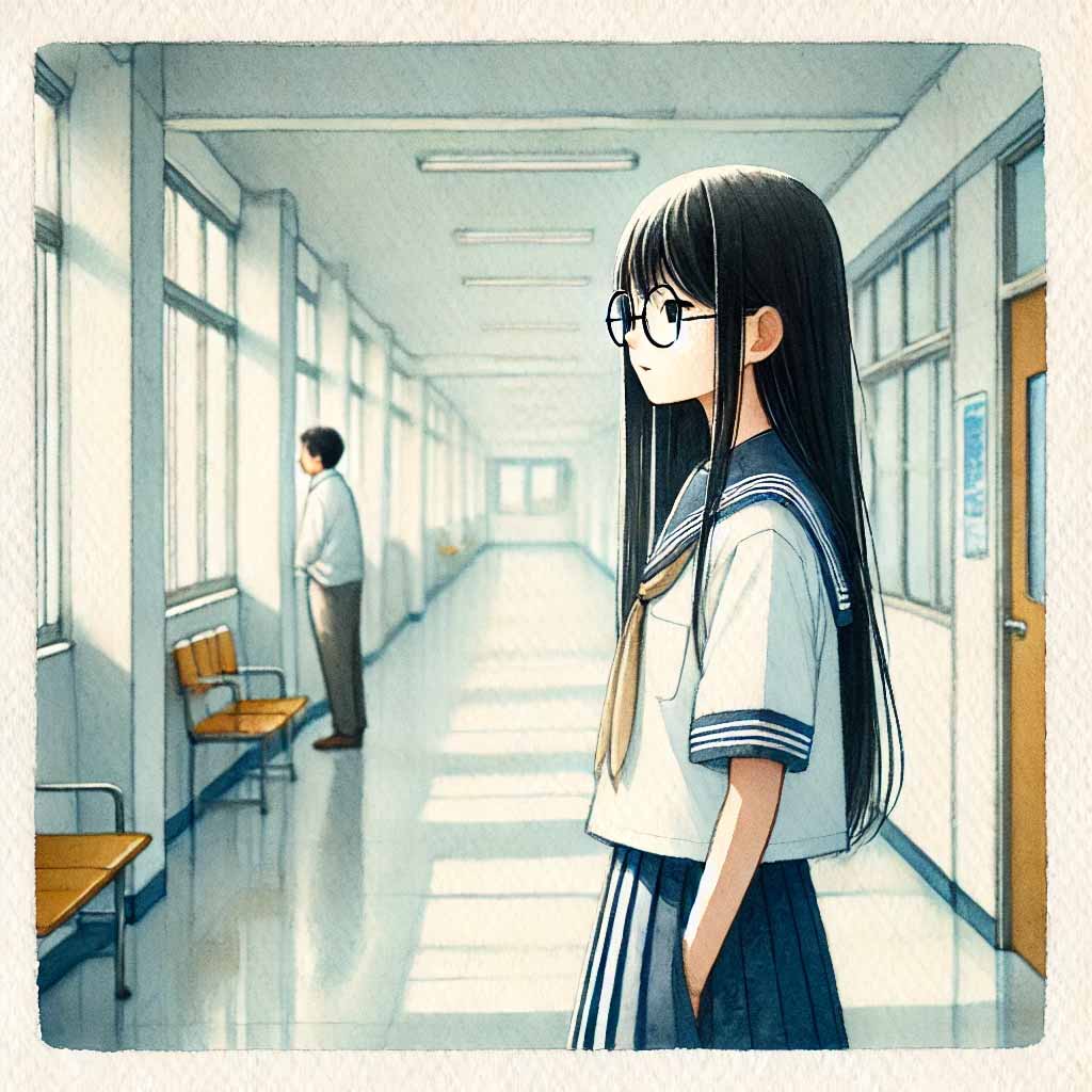 先生に相談しようとしている中学生女子