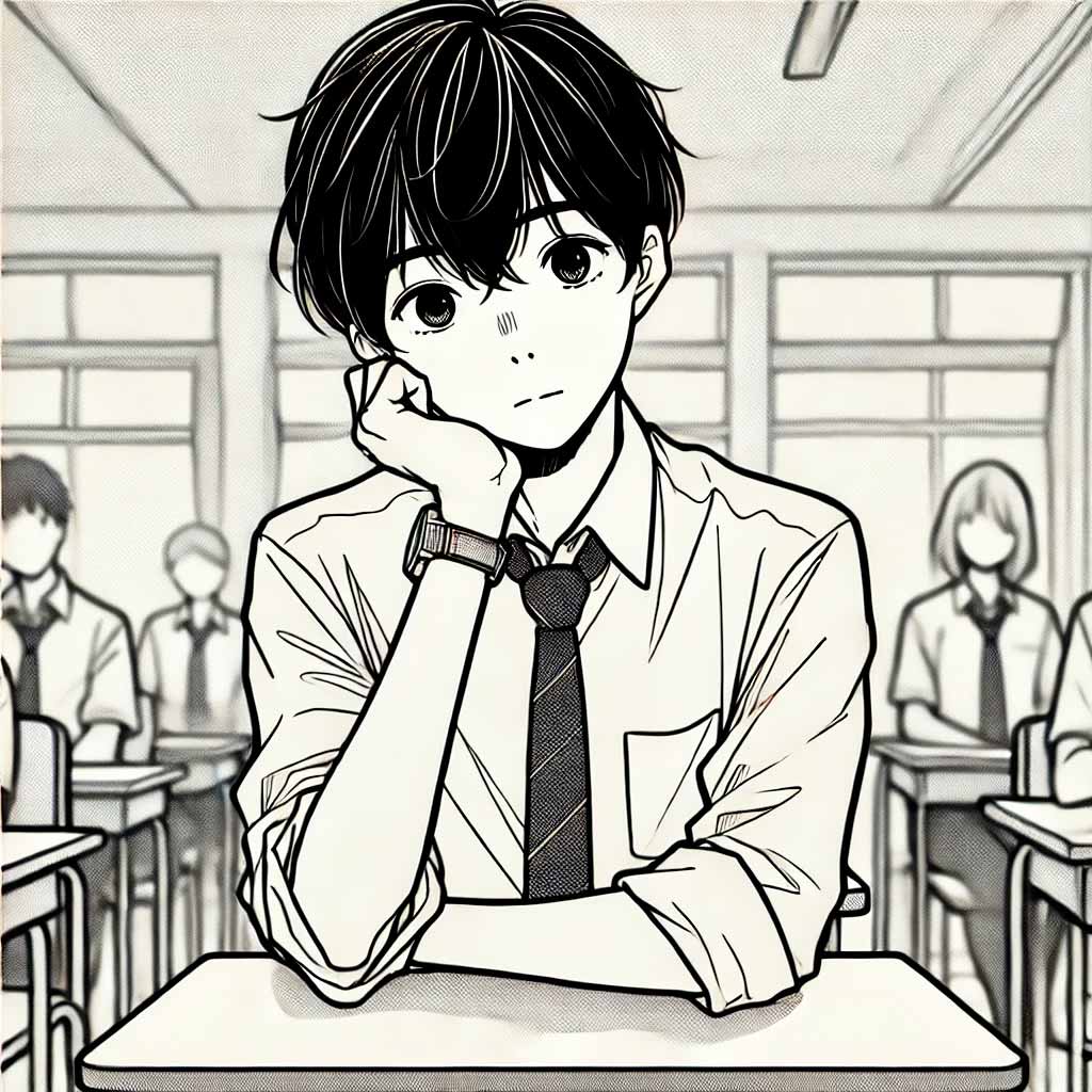 頬杖ついている中学生男子