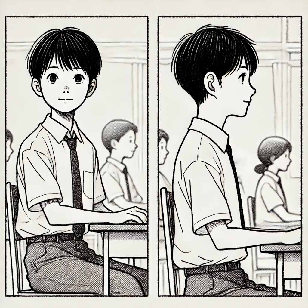 背筋を伸ばして授業を受けている中学生男子