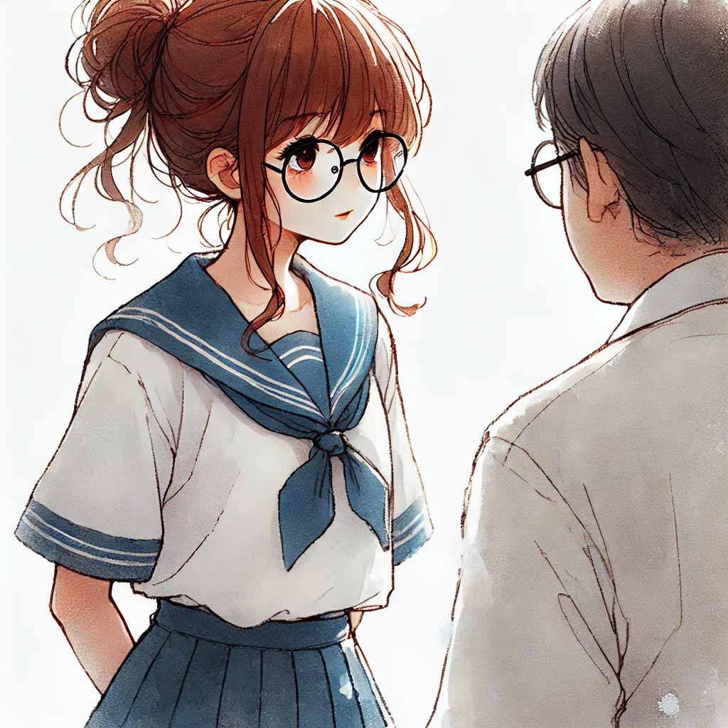 先生と話している中学生女子